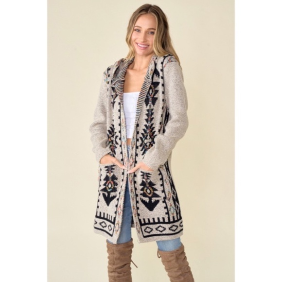 SOLD OUT Oatmeal Aztec Rainbow Western Hooded Knit Cardigan Long Sleeve Open - Picture 9 of 14